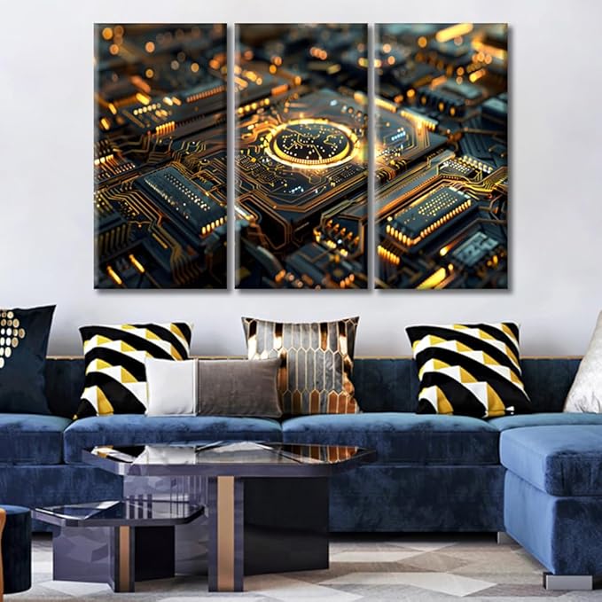 Processor Design Wall Art 3 Panels Motherboard Digital Chip Canvas Prints Painting for Living Room Bedroom Kitchen Home and Office Wall Decor Home Decor Ready to Hang 60"Wx40"H