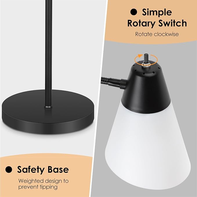 Floor Lamp for Living Room, Adjustable Head Standing Lamp with White Plastic Shade, Black Reading Floor Lamps for Dorm, Bulb not Included