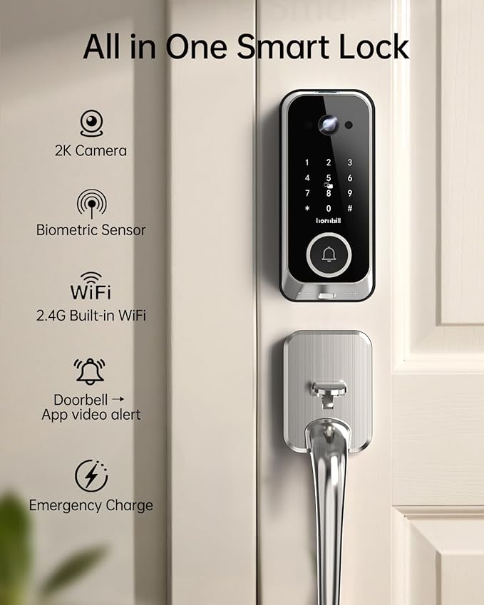 Hornbill Video Smart Lock with Camera: 10-in-1 Ring+2K Camera+Doorbell+Fingerprint Keyless Entry Door Lock, Built-in WiFi Deadbolt(only 2.4G), Two-Way Audio/App Remote Control/PIR, Satin Nickel