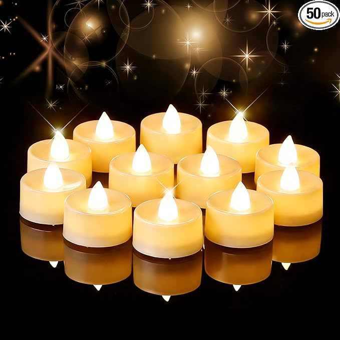 Amagic 50 Pack Battery Operated Tea Lights Candles, Fake Tealights Candles, Flameless LED Tea Lights for Halloween, Wedding, Votive, Festival, Table Decor(50 Pack, Warm White)