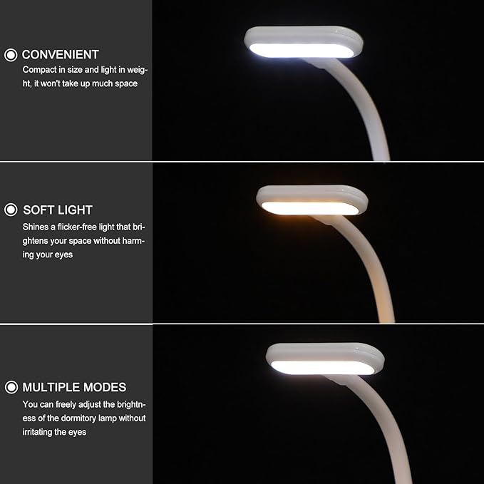 Adjustable LED Desk Lamp with Clamp Base Eye Protection Touch Control Light Three Brightness Levels for Reading Studying Bedside Use USB Rechargeable Night Light
