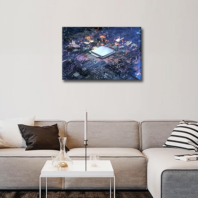 TUMOVO Canvas Wall Art for Bedroom Technology Digital Art Wall Paintings for Living Room CPU Concept Office Modern Wall Art Pictures Print On Canvas Giclee Framed Ready to Hang, 24x16in