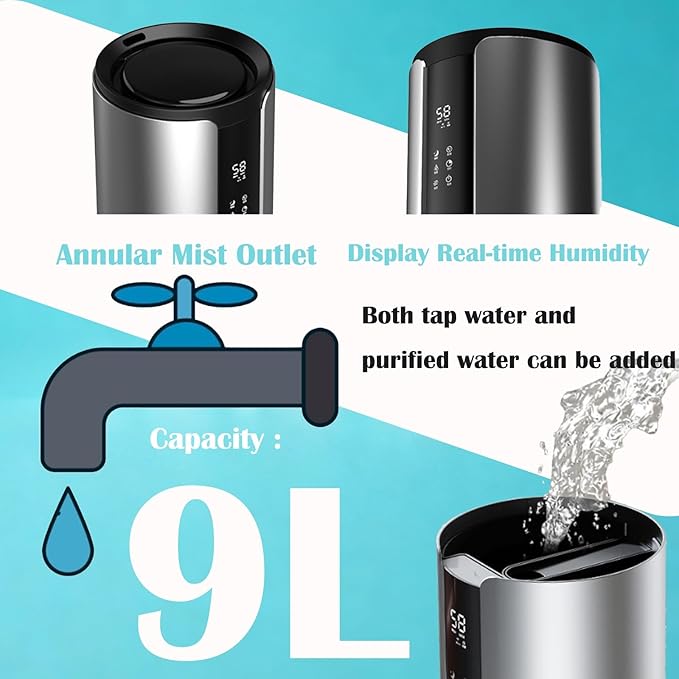 Ultrasonic Large Room Humidifier 9L - 645 Sq Ft Coverage, Smart App & Remote, HD Humidity Indicator, Tap Water Use for Office & Living Room