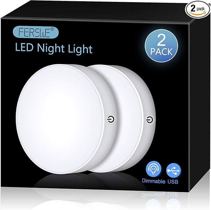 Ferswe Rechargeable Tap Lights, Dimmable Touch Night Lights with 1000mAh Large Battery, Stick on Light for Closet, Bedroom, Bathroom and Cabinet (2 Pack)