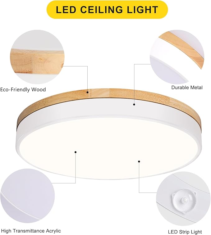 Modern Wood White Flush Mount Ceiling Light, 15.74" Round LED Low Profile Close to Ceiling Fixture for Kitchen Bedroom Bathroom Laundry Hallway Entryway Closet Living Room