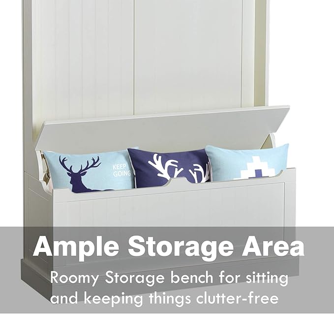 HOMCOM Hall Tree with Bench and Shoe Storage, 3-In-1 Entryway Bench with Coat Rack, 5 Hooks and Flip Top Storage Compartment, Cream White