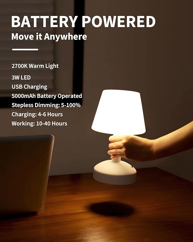 KDG Modern Cordless Small Table Lamps, Outdoor Portable Shower Waterproof LED Dimmable Desk Lamp, 4000mAh Rechargeable Battery Operated Lighting for Restaurant, Bedroom, Bathroom, Night Light (White)