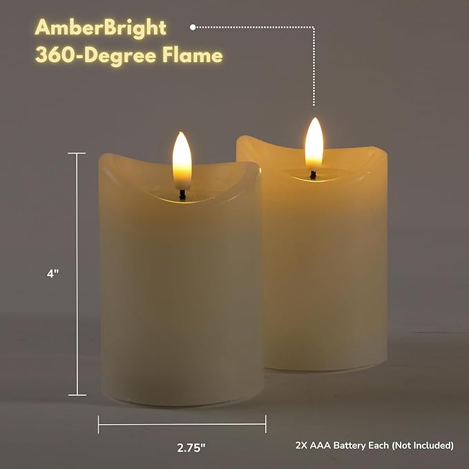 LumiPur Basics Flameless Flickering Wax Pillar LED Candles 2.75" x 4" (2 Pack, Linen White)