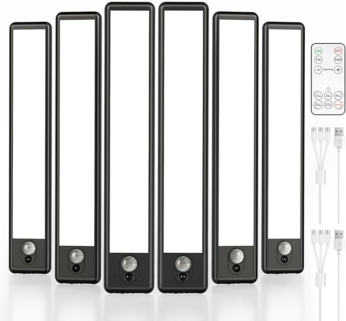 EZVALO 6-Pack Under Cabinet Lighting, 1600mAh Motion Sensor Light, Black LED Closet Lights Wireless, 6500K Dimmable, Timer, Magnetic, with Remote Control for Kitchen, Closet, Stair