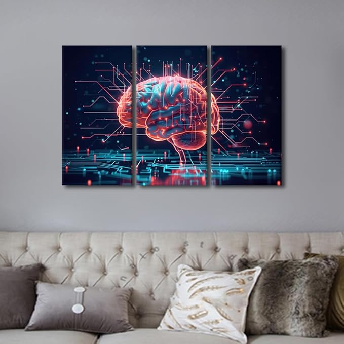 Framed Wall Art 3 Panel GPU, Crypto, AI, Firewall Network Security Pictures Print on Canvas for Bedroom Living Room Decorations, Artificial Intelligence Posters and Prints, 42" Wx28 H