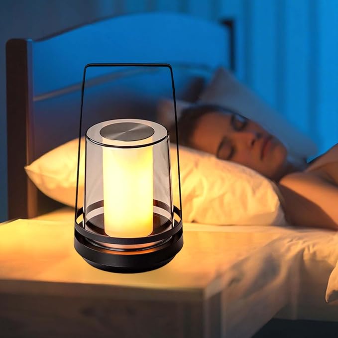 Black Touch Table Lamp with Dynamic Flame Effect - Portable, Rechargeable Bedside Lamp, Tap for Flickering Fire & Candle Light Modes, Dimmable for Bedroom, Camping, Gifts