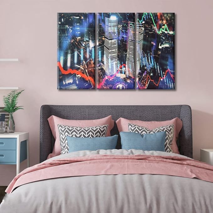 TUMOVO Business and Financial Concept Canvas Paintings Bedroom Canvas Wall Art 3 Panel Trading Graph on The Cityscape at Night Background Pictures Wall Art for Living Room Ready to Hang (42" Wx28 H)