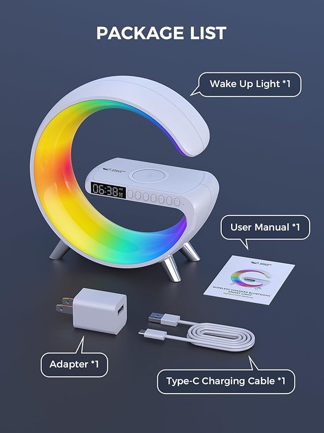 Smiling Shark Wake Up Light, Wireless Charger Atmosphere Desk Light with Bluetooth Speaker White Noise App Control Dimmable Sunrise & Sunset Simulation Dual Alarm Clock Smart Light for Home Decor