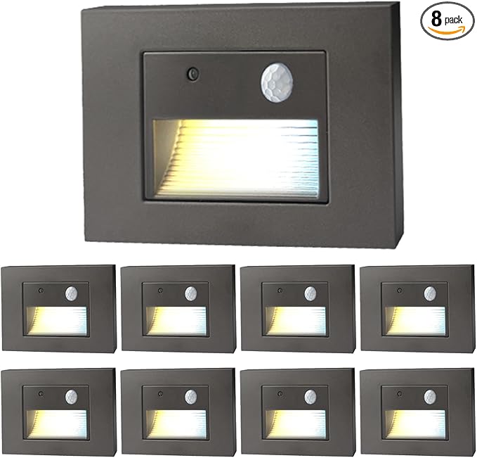 Horizontal LED Step Lights, Motion Sensor & Dusk to Dawn, IP65 Waterproof, 3000K-5000K Adjustable, 3W 120V Bronze Stair Lights Tread Lighting Indoor Outdoor, ETL Listed - 8PK
