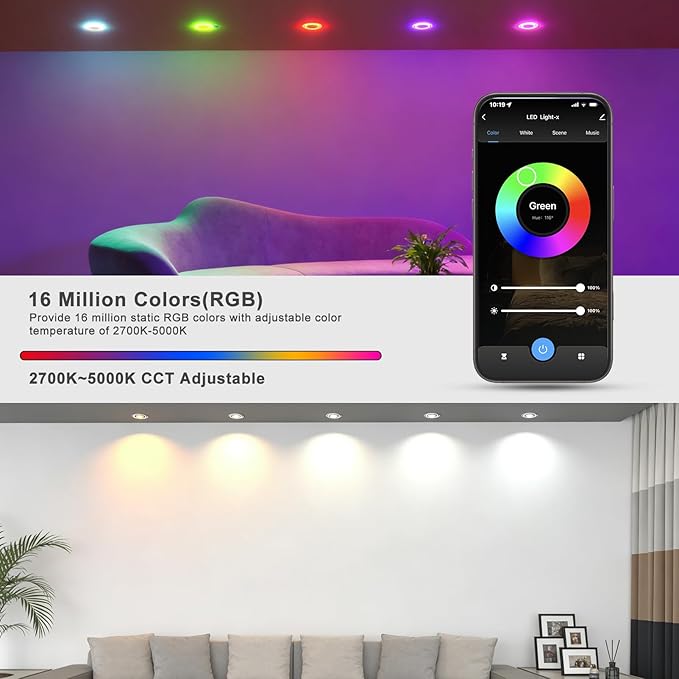 Lightdot 6 Inch Smart Recessed Lighting, 36° Spotlight + RGB Halo Ring, Dual-Zone Control, Full Metal RGBWW Color Changing LED Canless Downlight with Junction Box, Remote&App, 100-277V, 8Pack-ETL