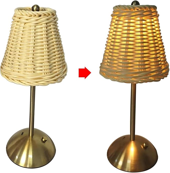 12.2 Inch Gold Rattan Lamp with Touch Dimmer, Portable Cordless Lamp, Small Rechargeable Table Lamp, 3 Color Touch Control Dimmable Bedside Lamps, Suitable for Living Room Bedroom Study