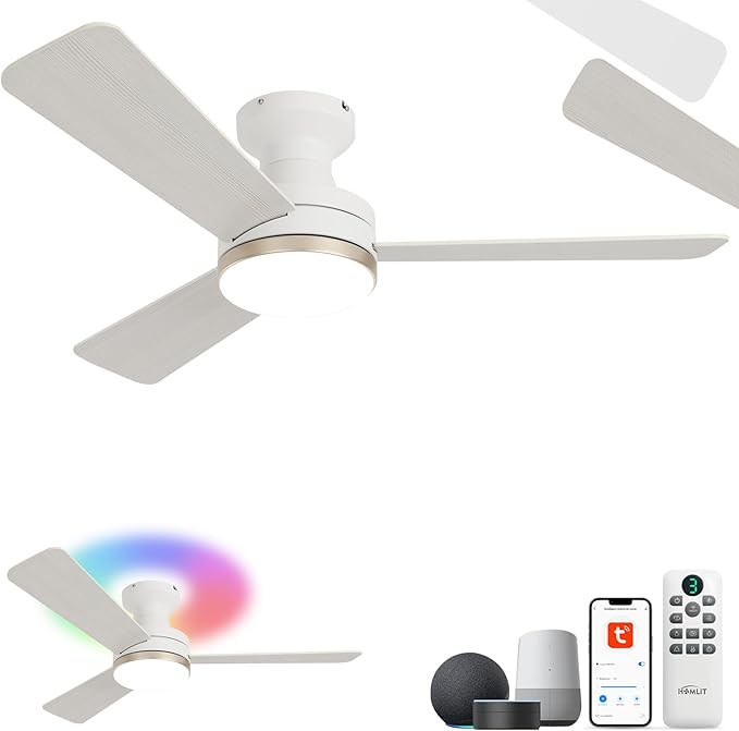 42" RGB Ceiling Fan with Light, Music Sync Smart Fan with Alexa/Google/App Control, Low Profile Flush Mount, 6-Speed Quiet DC Motor, 4 CCT Dimmable Lighting for Bedroom, Champagne Gold
