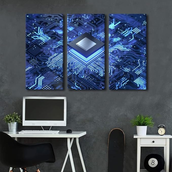 3 Panel Abstract Design Wall Art Decor Painting on Canvas Smart Chip Pictures for Home Walls Digital Age Office Wall Art Framed Circuit Board Artwork for Living Room Bedroom Ready to Hang(28" Wx42 H)