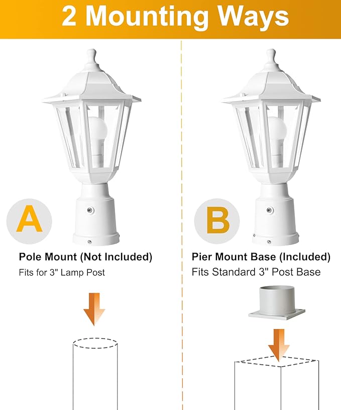 FUDESY Dusk to Dawn Outdoor Post Light, White Modern Exterior Post Lantern with Pier Mount Base, Plastic Waterproof Lamp Light Fixture for Garden Yard Patio Pathway, LED Bulb Included
