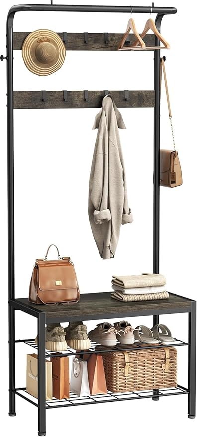 NEWBULIG Hall Tree with Shoe Bench and Coat Rack, 4-in-1 Entryway Organizer with 10 Hooks and Storage Shelf, Rustic Wood Finish Entryway Bench for Mudroom, Living Room, Bedroom
