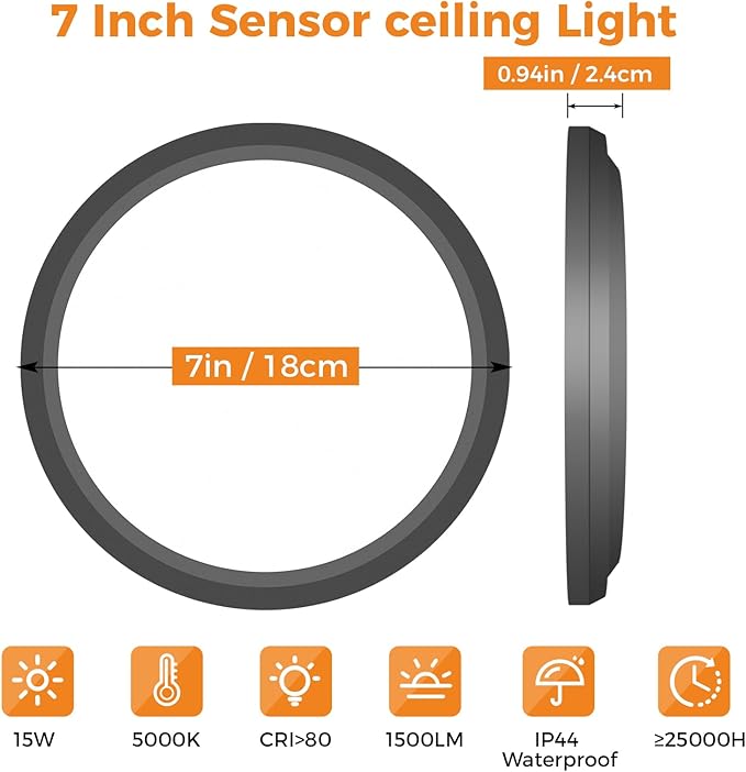 slochi 4 Pack Motion Sensor Ceiling Light Indoor, 5000K Ceiling Lights Motion Sensored Wired, 15W 1500LM 7 Inch Flush Mount Light Fixture for Closet Pantry Hallway Stairwell Porch, Black