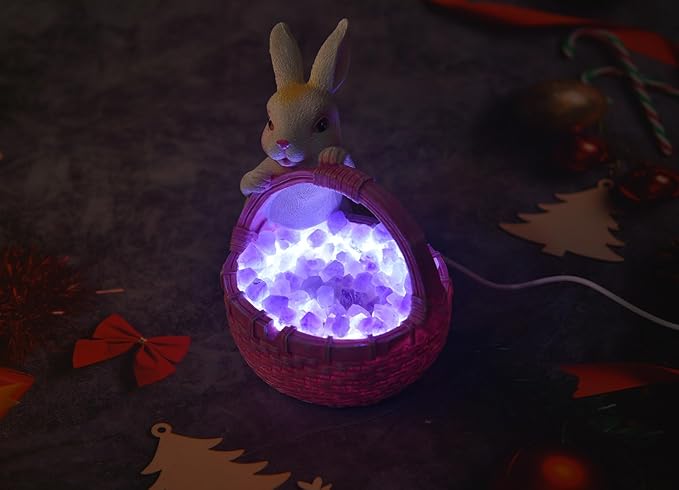 AMOYSTONE Amethyst Rabbit Night Light with Ceramic Sculpture, USB Powered Easter Home Decor Lamp for Bedroom Kids Room Gift