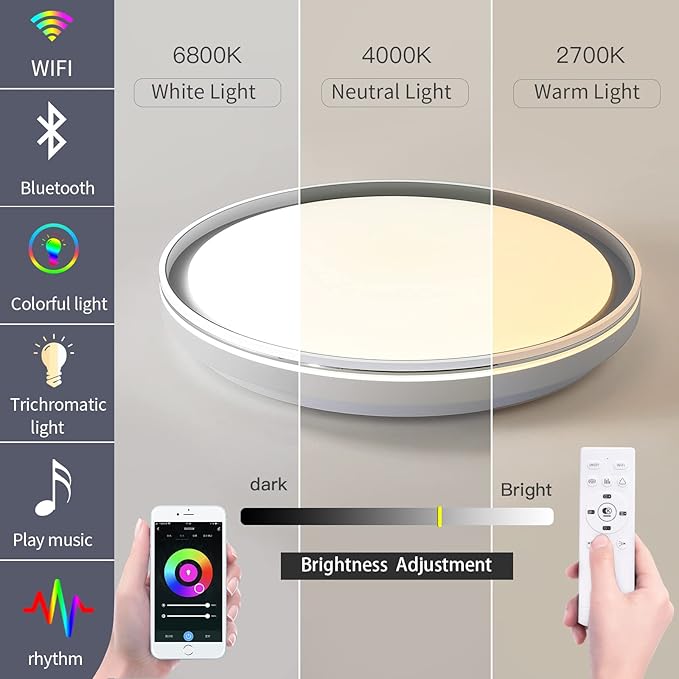 Smart LED Music Ceiling Light,with Remote Control Bluetooth Speaker RGB Dimmable,15.74 inch 36W,WiFi App Compatible with Alexa Google Home,Suitable for Bedroom, Living Room and Children's Room
