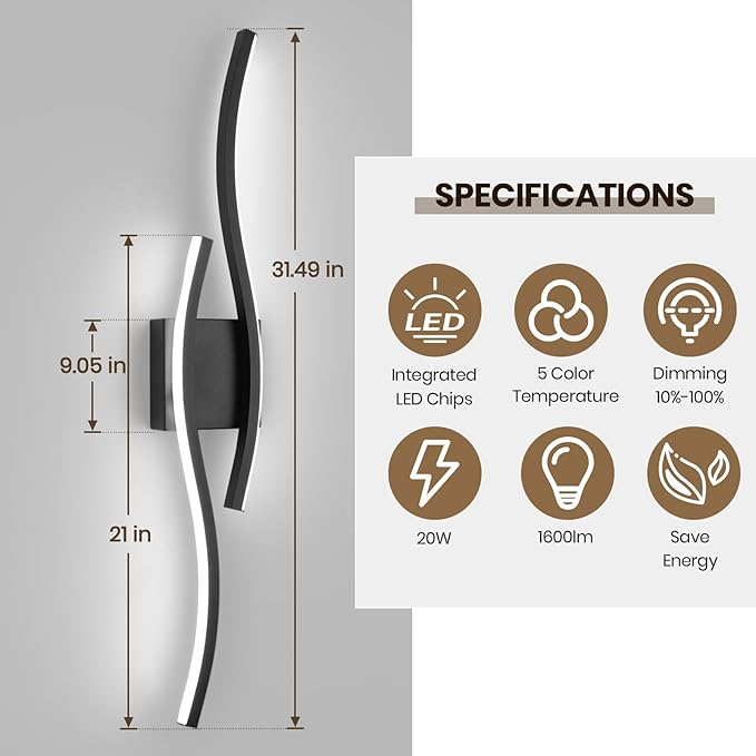 Modern Black Wall Sconce, 5CCT Dimmable Indoor Led Wall Sconce Lighting, Hardwire Black Led Wall Lamps for Living Room Bedroom Bathroom Hallway, Indoor Wall Decor Bedside Wall Lamp, 31.5Inch