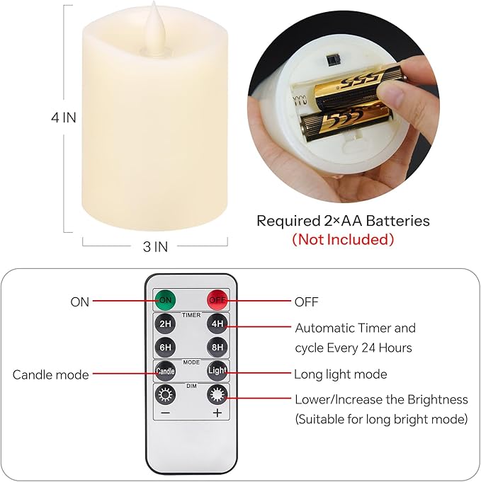 3x4 Flickering Flameless Candles Set of 1,Real Wax Pillar LED Candles with Battery,with Timer,4 inch Flameless Candles with Remote,for Christmas/Halloween/Party/Wedding,Ivory