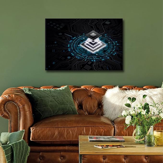 TUMOVO AI Canvas Wall Art CPU Concept Paintings Computer Chip Prints on Canvas Digital Age Modern Artwork Pictures for Living Room Bedroom Wall Decor Giclee Framed Ready to Hang, 36x24in