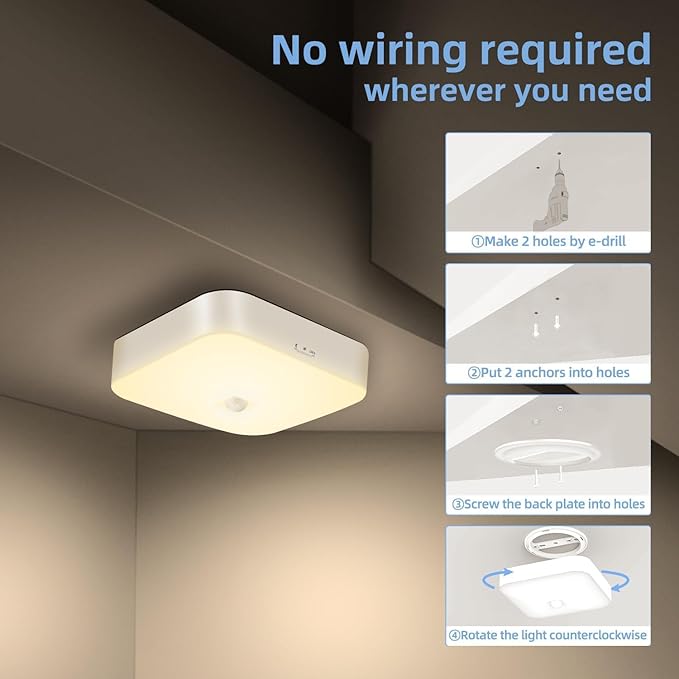 Wireless Motion Ceiling Light - 500LM Battery Operated Closet & Shower Light, 3000K Warm, Indoor/Outdoor for Closet, Shower, Porch, Hallway, Garage 2Pack