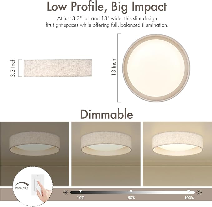Modern Linen LED 13 Inch Ceiling Light Fixture with 24W 5CCT, Flush Mount Low Profile Room Lamp, Dimmable Minimalist Lighting for Bedroom, Kitchen, Hallway, Closet, Entryway