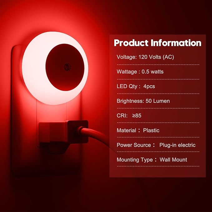 Night Light, Night Lights Plug into Wall, Dusk to Dawn Sensor, Red Led Night Light 0.5W, 2 Pack Nightlight for Adults, Bedroom, Bathroom, Hallway, Kitchen