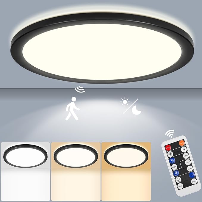 LEZOE 24W Motion Sensor LED Ceiling Light dimmable, 12Inch 2400lm 2700K/4000K/6500K IP54 Flush Mount Lighting Fixture with Remote, Radar Ceiling Lamp for Hallway Laundry Porch Stair Closet Wired