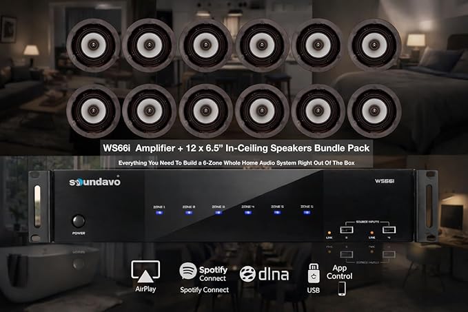 WS66i Whole Home Audio System with Ceiling Speakers x 12 pcs – 6 Zone Multi-Room Amplifier | AirPlay, Spotify Connect, DLNA | App Controlled Home Speaker System (6.5" Speakers + WS66i AMP)