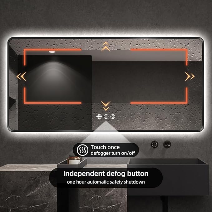 66 x 36 Black LED Bathroom Mirror, Metal Framed Rounded Corner Rectangle Backlit Mirror Bathroom, Anti-Fog, 3-Color Stepless Dimmable Lighted Mirror, Motion Sensor Lights, Memory Function