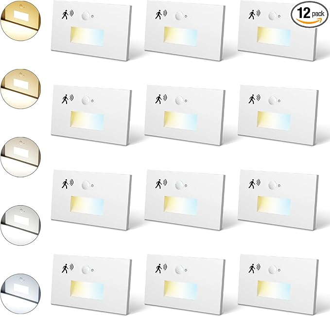 12 Pack Motion Sensor Stair Lights Indoor Outdoor, 120V Hardwired Motion Activated Step Lights, 4W 300LM Dimmable 5CCT Stairway Lighting, 2700K/3000K/4000K/5000K/6500K, ETL, White