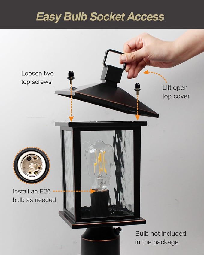 Dusk to Dawn Outdoor Post Light, Hardwired Oil-Rubbed Bronze Pole Lantern with Pier Mount Base, Water Ripple Glass, 17'' Waterproof Lamp Post Light Fixture for Driveway, Pathway, Yard