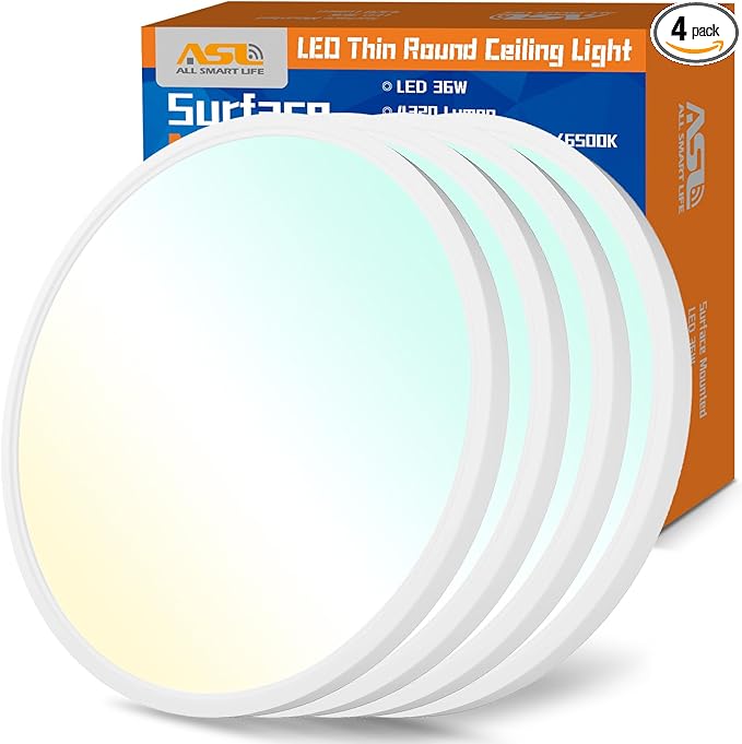 Allsmartlife LED Flush Mount Ceiling Light 4 Pack, 15.8 inch Thin Round Flat Panel Light 32W 4320lm, 3000K/4000K/6500K Dimmable, White Light Fixtures Ceiling Mount for Kitchen, Bedroom