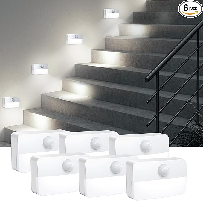 AMIR 6 Pack Mini Motion Sensor Stair Light for Indoor, Battery-Powered LED Night Light, 40 Lumen 6500K, Cordless Closet Lights, Safe Lights for Stairs, Hallway, Bathroom, Kitchen, Cabinet