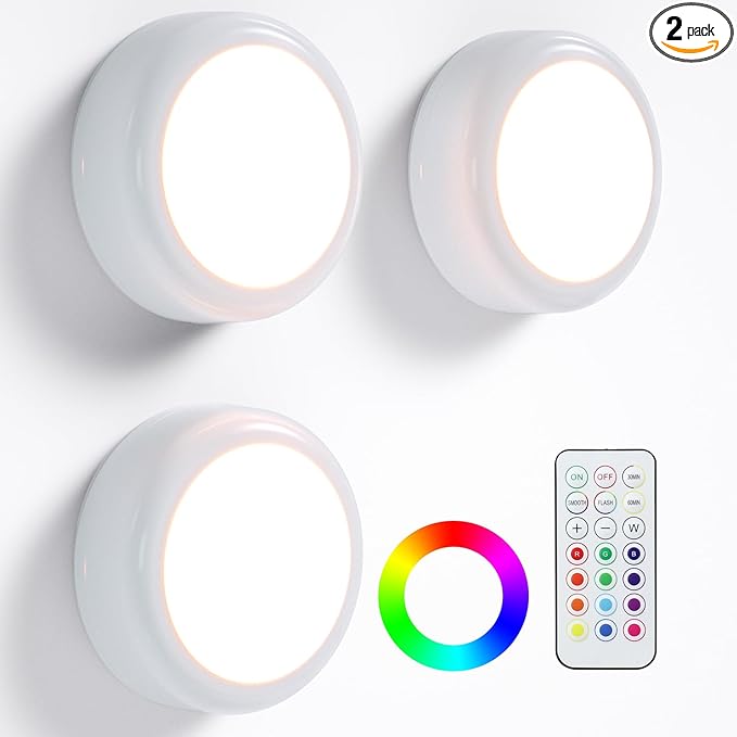 LED Puck Lights with Remote Control, Under Cabinet Lighting Stick on Tap/Push Lights, Battery Operated Closet Lights, Wireless Led Wall Light for Bedroom, Under Counter Light for Kitchen,3 Pack