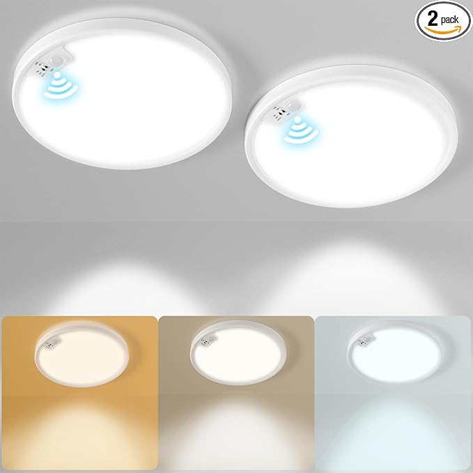 Eleganted Motion Sensor Ceiling Light Hard Wired，8.7 Inch LED Flush Mount Ceiling Light Fixture,3000k/4000k/6000k Selectable 18W Ceiling Lights for Pantry Hallway Stairwell Porch 2 Pack