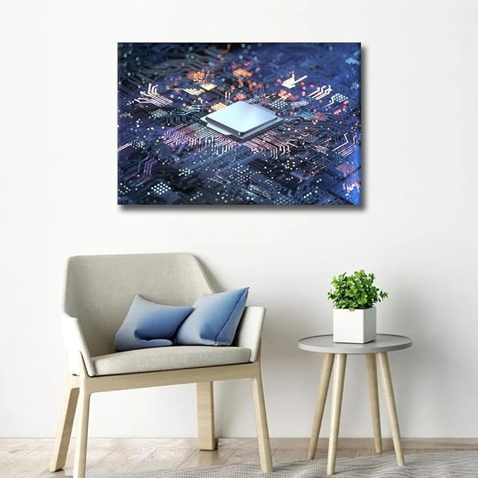 TUMOVO Computer Chip Wall Art for Bedroom CPU Concept Canvas Art Wall Decor Futuristic CPU Modern Wall Art Pictures for Living Room Artwork Paintings Giclee Framed Ready to Hang, 36x24in