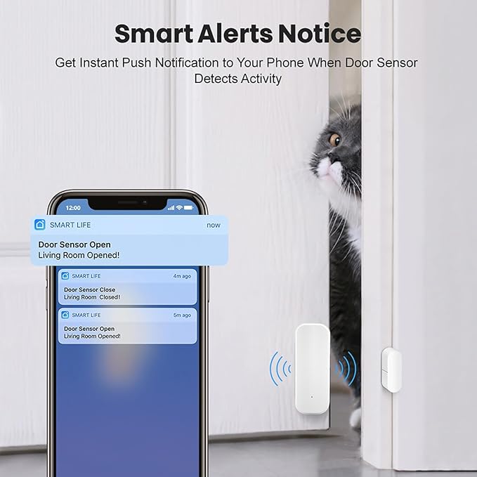 Smart WiFi Door Sensor: Wireless Window Sensor with App Notification Alert, Tuya Door Open Contact Sensor for Home Security, No Hub Required, Compatible with Alexa Google Assistant