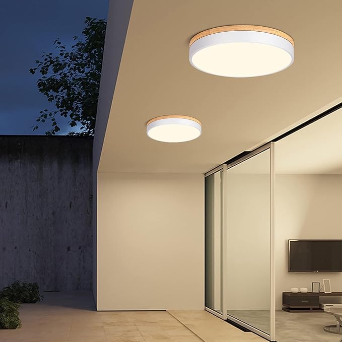 Dimmable Wood Oak Ceiling Light Fixture Modern White LED Flush Mount Ceiling Light 5CCT Minimalist Circle Close to Lighting Fixture for Bedroom Kitchen Bathroom Laundry Room 15.74 Inch
