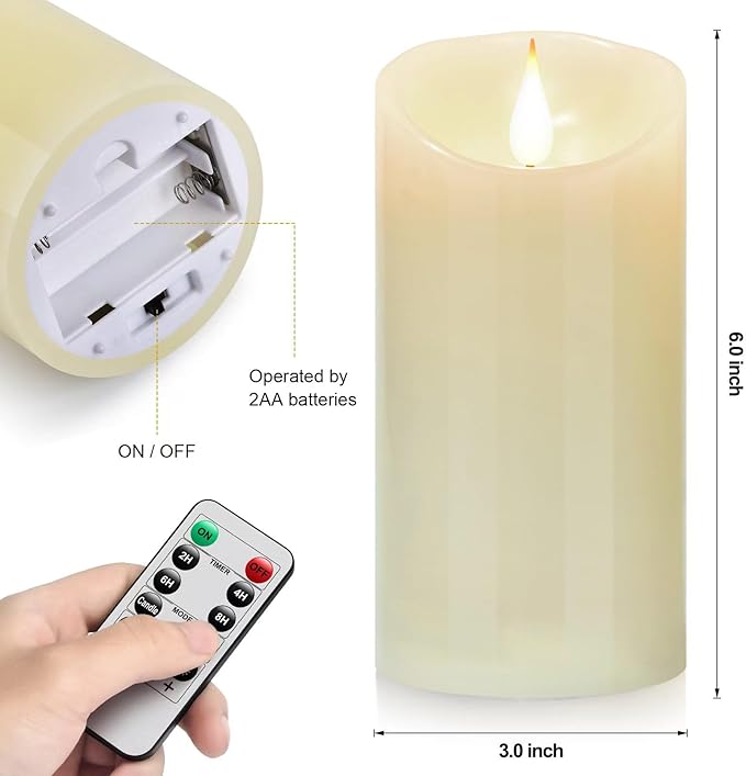 Nancia Flameless Battery Operated Flicking Candles:Remote Control Realistic Wax Pillar LED Candle with 10-Key Cycling 24 Hours Timer 2PACK(D3*H6'') for Home Decoration Wedding Birthday Party Ivory