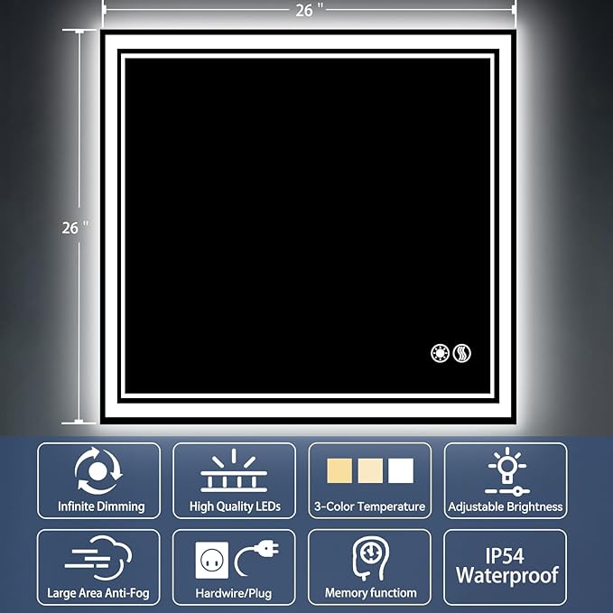2 Pack 26“ x 26” LED Mirror for Bathroom Anti-Fog Dimmable 3 Colors LED Bathroom Mirror with Lights Memory Function Smart Mirror Touch Sensor Square Wall Mounted