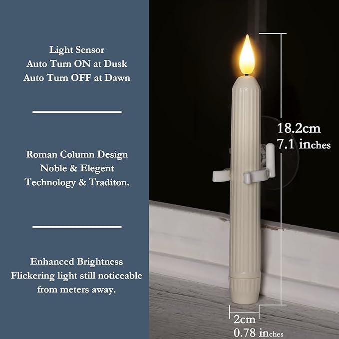 Homemory 6 Pcs Window Candles with Sensor Dusk to Dawn, Ivory Striped Candlesticks with Suction Cups, Roman Column Christmas Window Candle Battery Operated, Flameless Led Taper Candles for Windows