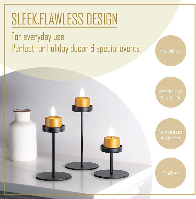 smtyle Vintage Christmas Small Flickering Flameless Candles LED Tea Lights with Remote, 1.5"×1.5" Gold Battery Operated Set of 3 with Timer for Indoor Table Decoration, Weddings, Parties or Outdoors