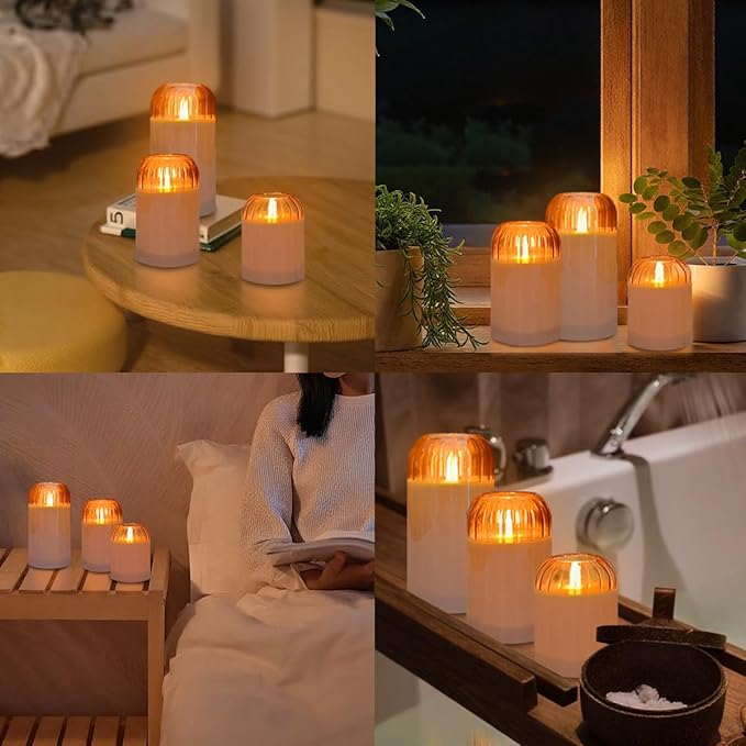 3Pcs LED Candle Set Rechargeable with Remote Control,Grey Glass Flameless Candles,Candle Lights for Home Decor, Bedroom, Bathroom Accessories，Pumpkin Fake Candles for Halloween